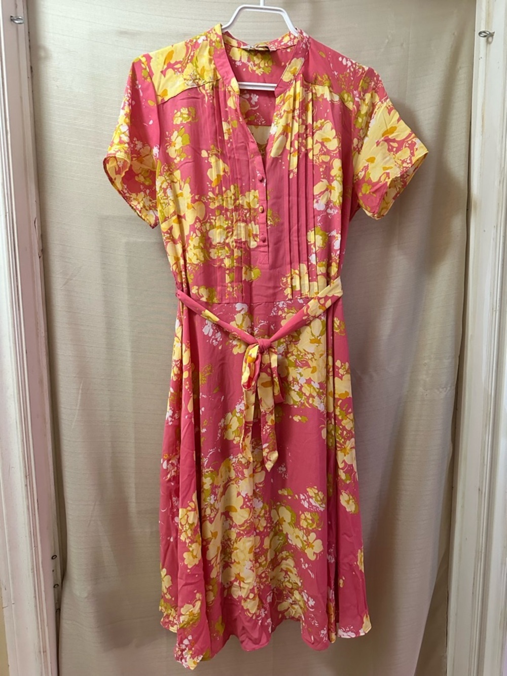 Nanette Lepore Pink Floral Midi Dress Tie Waist Pleated Lined Size 8 Summer